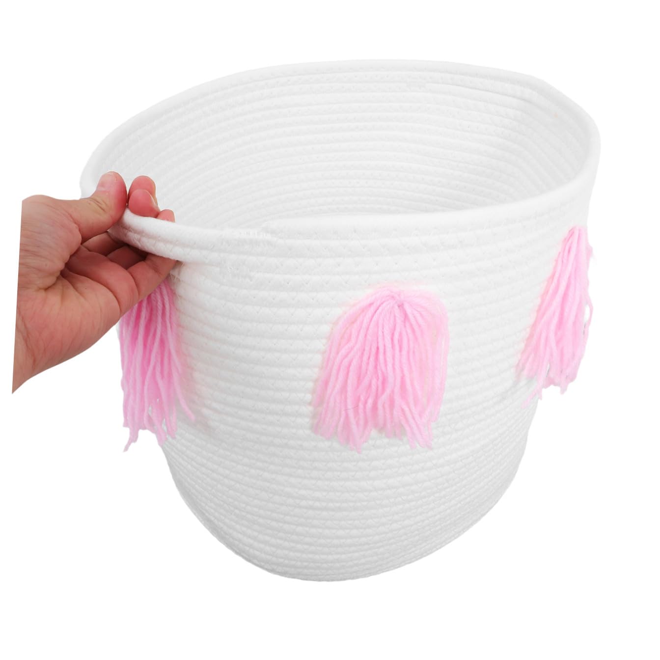 Cestino Portaoggetti Artigianale in Corda di Cotone Rosa | Nappine Decorative, per Casa e Hotel, Adatto a Rossetti e Accessori Bebé