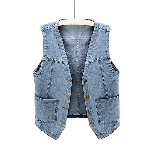 WAJCSHFS Jaqueta jeans feminina moderna sem mangas, gola V, abotoada, jaqueta jeans casual, Azul, XX