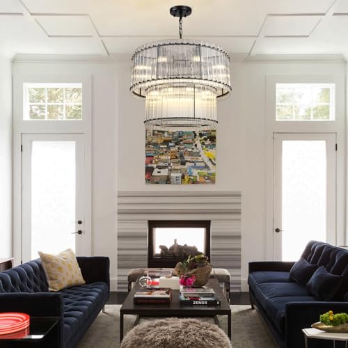 Image of 37 inch Modern Black Round Chandeliers, 3-Tier 16-Light Water Ripple Crystal Glass Chandelier, for Living Room, Foyer, High Ceiling Staircase, Dining Room, Luxury Adjustable Hanging Chandelier