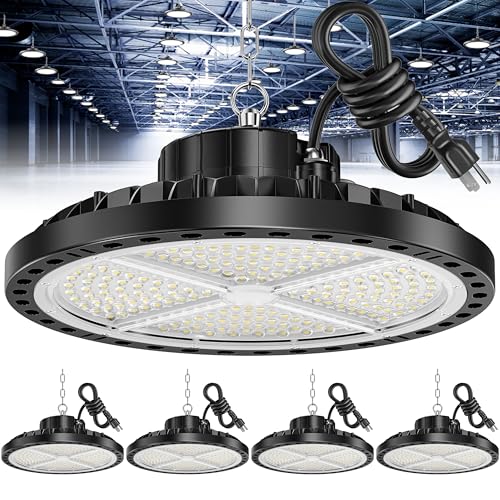 ISKYDRAW UFO LED High Bay Light 200W, 4 Pack Shop Lights for Warehouse with Plug, 30000LM 6500K Daylight IP65 Waterproof Commercial Bay Lighting for Warehouse, Garage, Barn, Factory