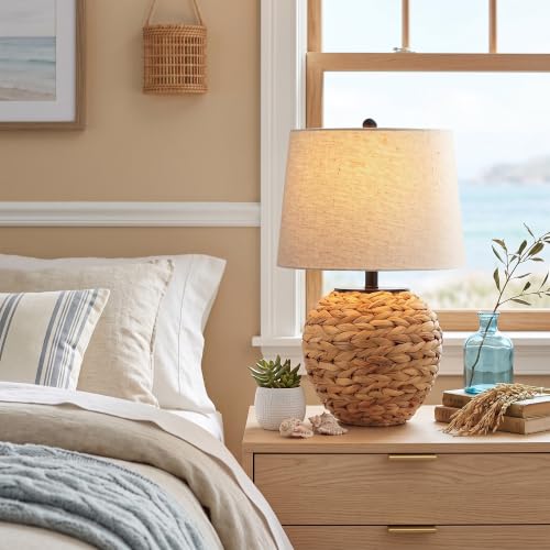 PARTPHONER 23’’ Rattan Table Lamp with Natural Woven Water Hyacinth Basket Base & Linen Drum Shade, Boho Farmhouse Bedside Lamp for Living Room Bedroom, Includes 3-Color Temperature LED Bulb by PARTPHONER - Used condition - Image 7