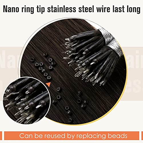 LaaVoo Nano Hair Extensions Real Human Hair Darkest Brown Nano Beads Hair Extensions Invisible Nano Ring Straight Remy Hair 50g 50s 14 Inch #2 - Image 4
