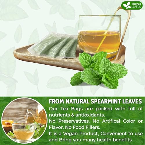 Image of FreshDrinkUS, Premium 135 Spearmint Tea Bags, 100% Natural & Pure from Spearmint Leaves. Loose Leaf Spearmint Herbal Tea. Made with Natural Material Tea Bags. No Sugar, No Caffeine, No Gluten, Vegan.