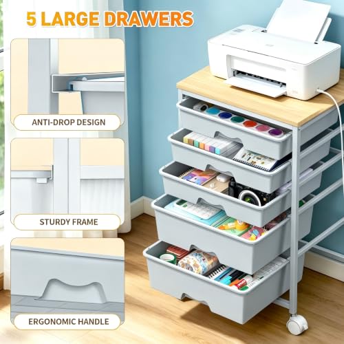 Image of SUNALLY Rolling Carts with 5 Drawers, Storage Drawer Carts for Craft, Gray