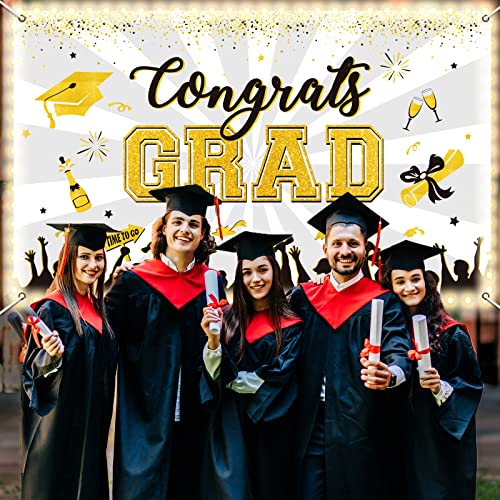 Image of White Graduation Banner with Led-Light Strips Decor 71 inch x 43 inch Class of 2024 Congrats Grad Backdrop Graduation Party Decorations for 2024 Graduation Party Supplies