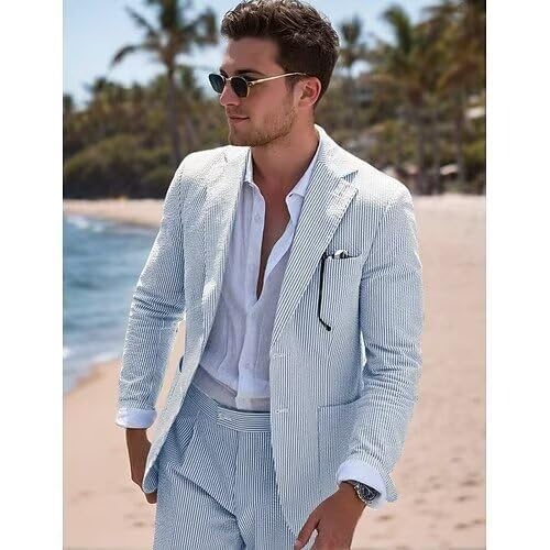 Men Seersucker Blazer Sports Coat Slim Fit Casual Striped Jacket for Men Summer Beach Wedding Prom Suit Blazers3