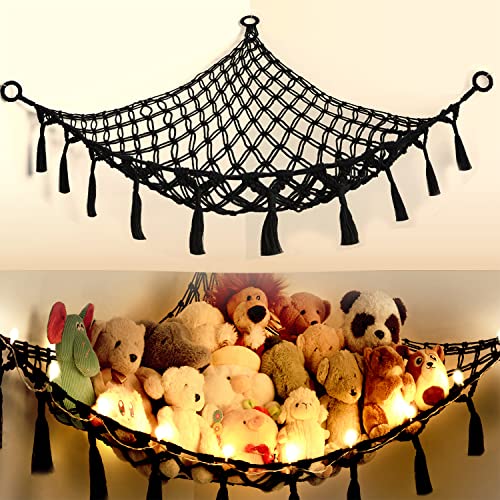 Image of Yewiwin Cotton Stuffed Animal Organizer, Handmade Macrame Hanging Net Hammock for Toy Storage, Boho Decor Room Holder, Triangular, Black, Large, 57x42 inches, 10 lbs Capacity