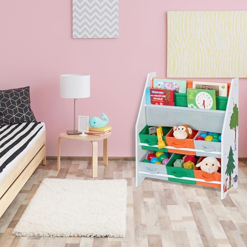 Relaxdays Kinderregal mit 6 Aufbewahrungsboxen & 2 Hängefächern, HxBxT: 74 x 62,5 x 31 cm, Kinder Spielzeugregal, bunt