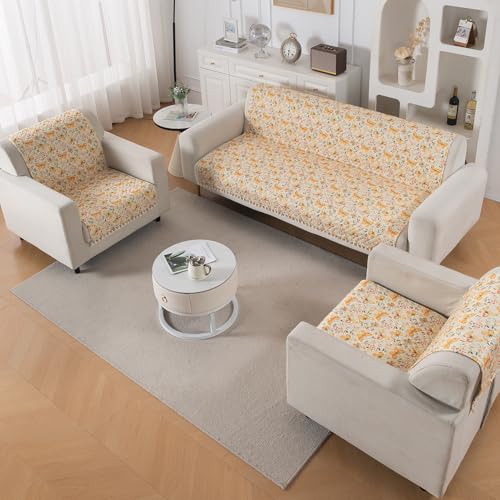 Image of HOKIPO Sunlit Butterfly Quilted Sofa Cover 5 Seater Set - Washable 3+1+1 Sofa Cover for Seat & Back with Tassel Design | 'Tassel Twigs' Series (IN-991-T3 + IN-989-T3)
