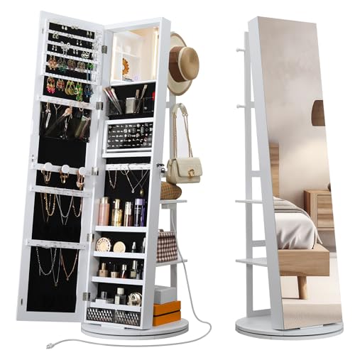 IRONCK 360° Swivel Mirrored Jewelry Cabinet with Full-Length Mirror, Charging Station, Lockable...