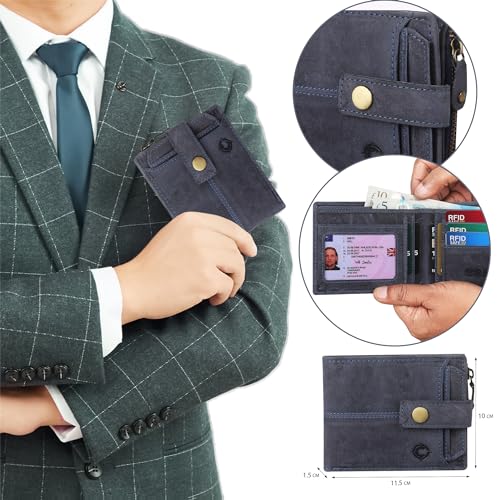 Image of Zipper Real Leather Wallet for Men RFID Blocking Designer Genuine Leather Handcrafted Front Pocket Full Grain Leather Wallet Gift for Men (Blue Hunter)