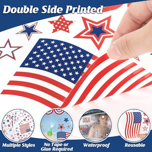 Image of 152 Pcs 4th of July Window Clings, 9 Sheets Patriotic Window Clings Decals, Watercolor Double-Sided American Flag Stars Firework Window Stickers for Independence Day Parade Veterans Memorial Day Decor