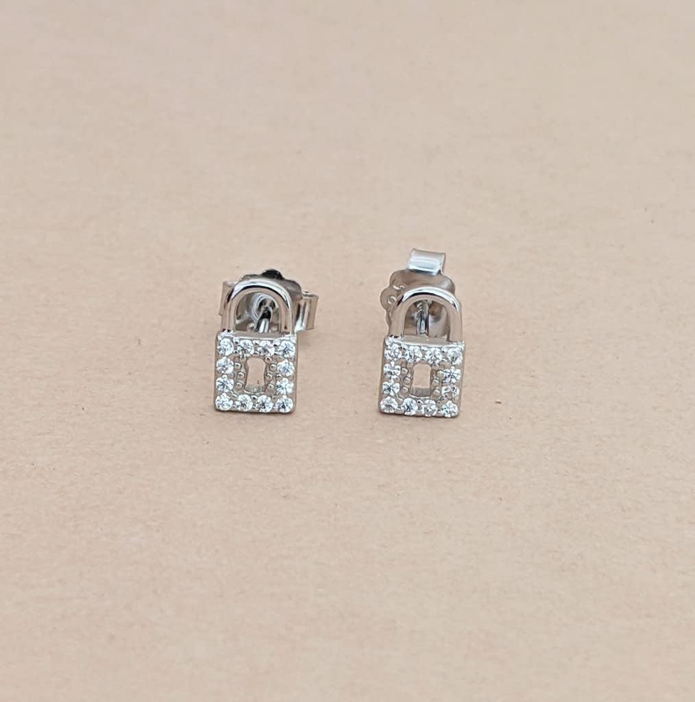 Padlock Stud Earrings 925 Sterling Silver & Cubic Zirconia/Mini Lock Stud/Fine Quality Silver/Gift for Her