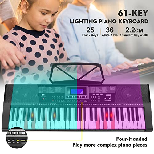MUSTAR Piano Keyboard, MEKS-500 61 Key Learning Keyboard Piano with Lighted Up Keys, Electric Piano Keyboard for Beginners, Stand, Sustain Pedal, Headphones/Microphone, USB Midi, Built-in Speakers