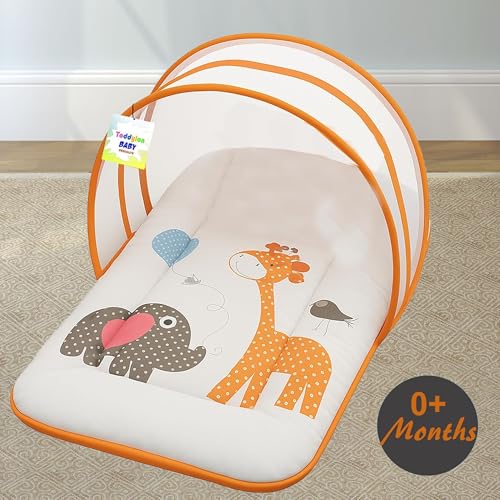 Image of Toddylon Flat Bed Baby Bed New Born Baby Bedding Set | Mattress | Mosquito Net | | Insect Protector | Infants Boys Girl (0-6 Months) Orange