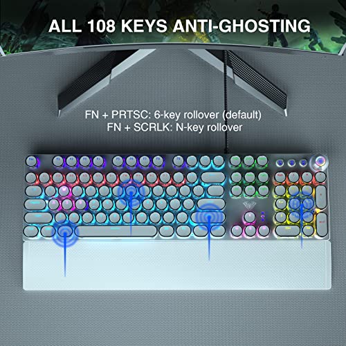Aula F2088 Typewriter Style Mechanical Gaming Keyboard Blue Switch, With Removable Wrist Rest, Media Control Knob, Rainbow Backlit, Retro Punk Round Keycaps, Full Size Wired Computer Keyboard, White #TOP5