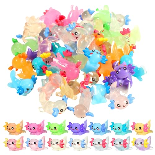 Sonwyoung 49 Pcs 14 Colors Mini Axolotl Figures Color and Luminous Mini Resin Axolotl Glow in The Dark Tiny Charm Craft for DIY Garden Dollhouse Decoration