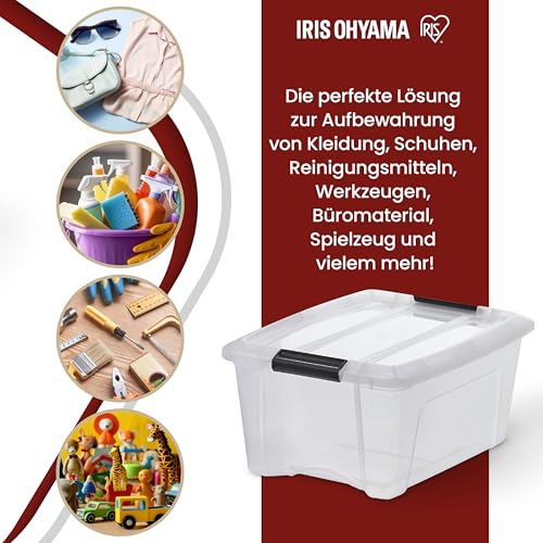 Iris Ohyama, Aufbewahrungsboxen mit Deckel, Kunststoffboxen, Plastikbox, Box mit Deckel, 15L, 4er-Set, Transparent, Verschlussclips, Stapelbar, Organisation, BPA-frei, Plastikboxen, Kisten, NTB-15