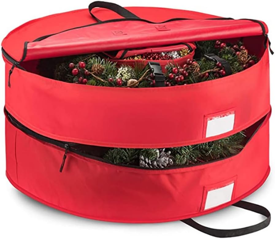 Wreath Storage Container, Tear Resistant 600D Oxford Christmas Wreath Storage Bag, Reinforced Handle and Marker Card Slot for Holiday Xmas,Red,30inch