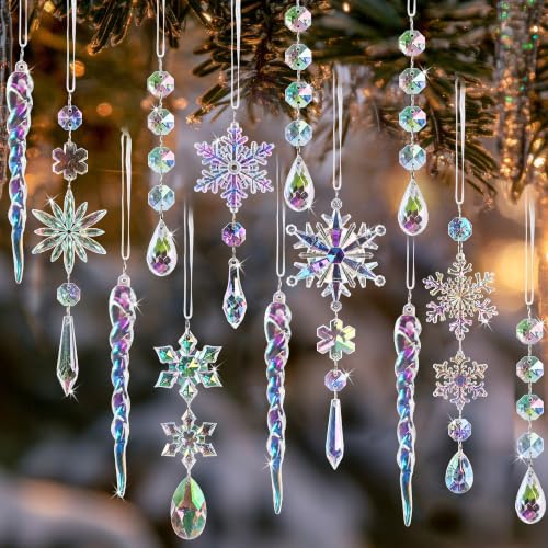 Crystal Christmas Tree Ornaments, 18pcs Iridescent Acrylic Snowflake Icicle