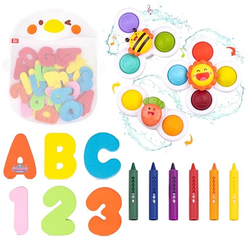 Baby Bath Toys Kit 6 Washable Bath Crayons Letters & Numbers 3 Suction Cup Spinner Toys & Organizer Safe Educational Water Toys for Kids Age 3+