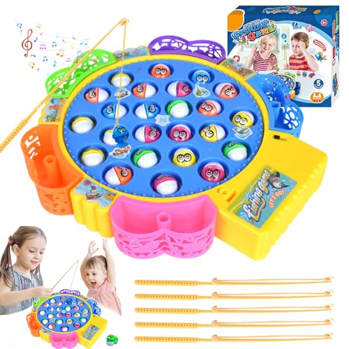 KUWUNG Fishing Game for Toddler Kids, Electric Magnetic Fishing Game with Music, Rotatable Fishing Games with 24 Fishes and 5 Fishing Rods, Birthday for Toddler Kids 2-6 Years