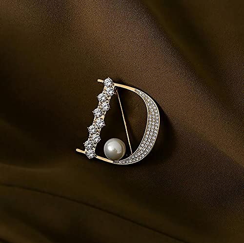 Image of Crystal Pearl Initial Brooch Gold Plated Rhinestone D Letter Alphabet Breastpin Pin Jewelry for Gifts