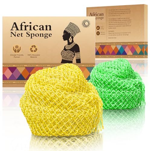 SpiralScgv Real African Net Sponge - 2 Pieces Premium Body Exfoliator - Gentle Scrub for Dry/Sensitive Skin - Durable & Easy Rinse Shower Essential (Yellow Green)
