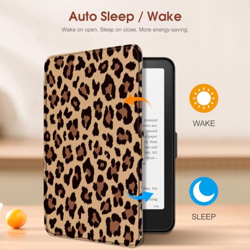 Image of Fintie Slim Case for 7 inch Kindle Paperwhite 12th Gen 2024 & Kindle Colorsoft | Lightweight PU Leather Hard Back Shell Cover, Magnetic Closure, Auto Wake /Sleep, for Kindle Paperwhite 2024, Brown Leopard