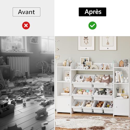Bibliothèque Enfant Avec Tiroirs - Meuble Rangement Jouets 125x33x120cm Blanc - 8 étagères + 2 Tiroirs Roulants
