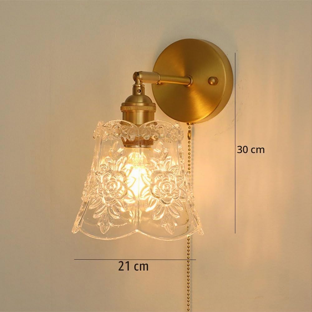 Kristall Wandlampe Drehbare mit Schalter Wandleuchte Innen Moderne Wandbeleuchtung Florentiner Glas Lampenschirm Nachttischleuchte Gold mit Zugschalter E27 für Schlafzimmer Wohnzimmer