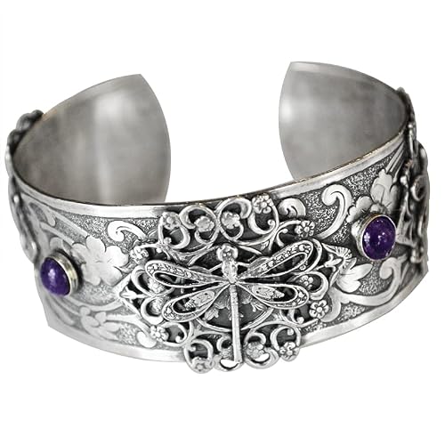 Elaine Coyne Collectible Artwear Mirror Antique Silver Victorian Filigree Dragonfly Cuff - Charoite #TOP13