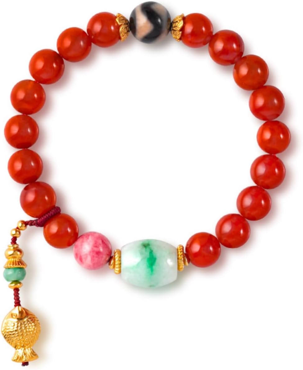 S925 Sterling Silver Jadeite Bracelets, Red Agate Jadeite Pearl Beaded Barrel Bead Rhodonite Dzi Bracelet with Lucky Koi Fish Charm, Gift for Friend on Birthday