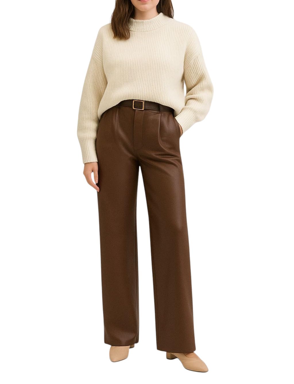 Mississhop Pantalon pour femme en cuir synthétique avec ceinture