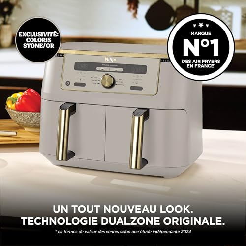 Ninja Air Fryer Dual Zone MAX numérique, Friteuse à air chaud grande capacité, 9,5 L, Sans huile, Air Fry, Croustillant max, Cuire au four, Rôtir, Déshydrater, Réchauffer, Stone/or, DZ400EUSTGD