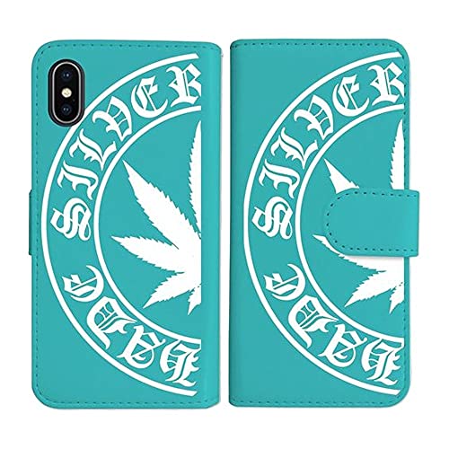 sslink iPhone17 Pro Max アイフォン17プロマックス 対応 手帳型 ブルー ケース マリファナ ホワイト ロゴ ダイアリータイプ 横開き カード収納 フリップ カバー