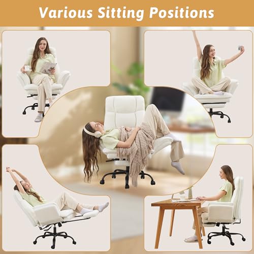Image of Wider Seat Office Chair with Flip Armrests for Criss Cross Legged&Cats, Big and Tall Executive Ergonomic Reclining Chair with Footrest&Lumbar Pillow, Teddy Fleece Desk Chair, White Vanity Chair