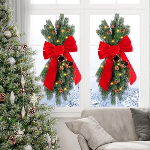 Christmas Swags for Stair Decorations, 4 Pack Cordless Prelit Christmas Pine Teardrop Swag with Red Bow and Cone Bell Greenery Staircase Garland Wreath for Front Door Stairway Wall Home Decor by Julako - Image 6