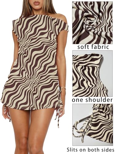 Image of Women's Summer Bodycon Dresses Sexy One Shoulder Side Drawstring Vacation Cocktail Club Party Cute Mini Dress