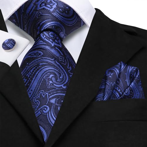Image of Hi-Tie Men 63inches Tie Set Extra Long Necktie Paisley Tie Pocket Suqare Cufflinks Big and Tall Men Tie
