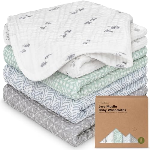 Image of 5-Pack Muslin Baby Washcloths for Newborn - 12x12 inch Soft Absorbent Organic Cotton Muslin Wash Cloths for Babies Girl, Boy, Infant, Toddlers, Kids Face Towel, Bath Essentials, Baby Burp Rags (Nordic)