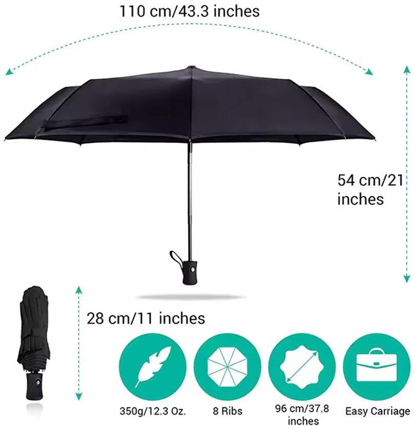 Image of MRTLLOA Automatic Large Size Foldable Umbrella with Travel Cover for Man and women - 3 fold Windproof Umbrella (BLACK 01)