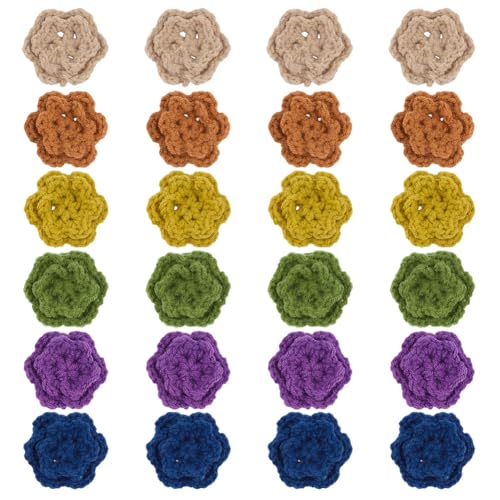MAYJOYDIY 24 parches de ganchillo de flores para coser, 6 colores, 48 mm, hechos a mano, de algodón, bordado floral, adornos para bricolaje, sombreros, ropa, boda, fiesta, decoración de manualidades