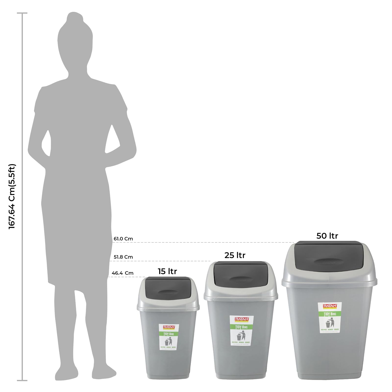 RATAN PLASTICWARE Tidy Bin with Swing Lid 15 Litres Plastic Dustbin, Trash Bin, Garbage Waste Bin For Home, Bathroom, Kitchen, Office, Bedroom Grey Color 1