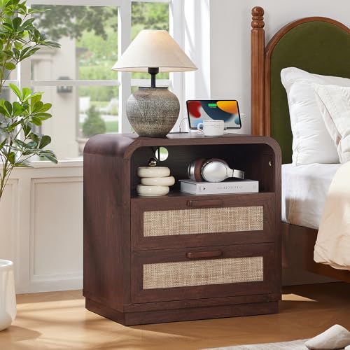 Image of LEYAOYAO Rattan Nightstands Set of 2 with Charging Station, Walnut | 23.6 inch Curved 2 Drawers Nightstand with Storage Shelf & Solid Handle, Boho Bedside Tables for Bedroom, Living Room