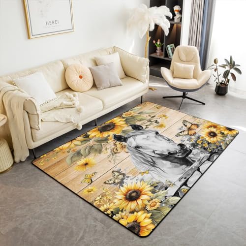 Feelyou Girls Horse Area Rug 5x7 Horses Sunflower Floral Rugs
