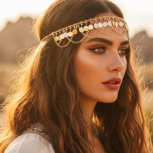 Aukmla Sequin Head Chain Jewelry Gold Egyptian Headpiece Costume Headband Hair Accessories for Women