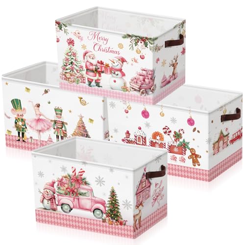 Geelin 4 Pcs Large Christmas Basket for Gifts Empty 15 x 11 x 9.5 Inch Xmas Storage Basket with Handles Collapsible Storage Bin Rectangle Laundry Organizer for Office Home Bedroom Cloth Toy(Pink)