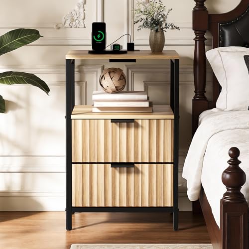 Image of Bonnlo Fluted Nightstand Set of 2, Fabric Dresser with 2 Drawers and 1 Shelf, Bedside Table /End Table with Charging Station, Nightstand for Bedroom, Livingroom, College Dorm, Oak