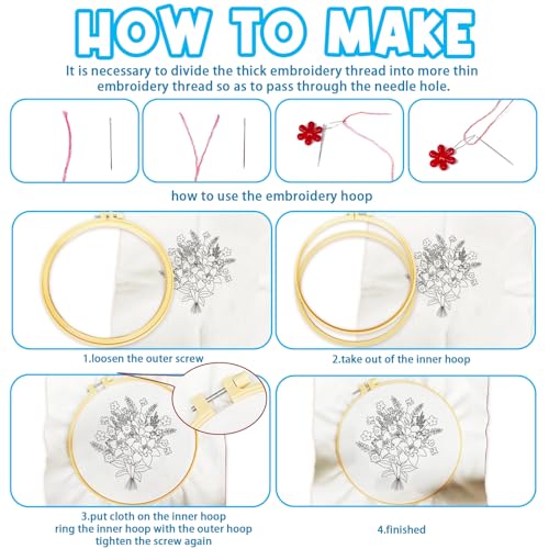 Image of ACRNIGHEET 5PCS Embroidery Kit for Beginners Embroidery Flower Sewing Pre Printed Pattern Embroidery Starter Kit with Instructions, Including 5 Stamped Embroidery Cloth and Various Accessories